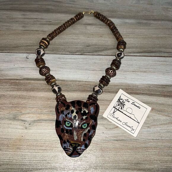 Lee Sands Vintage Painted Leopard Coco Wood Statement Necklace Station Brown - Picture 1 of 6
